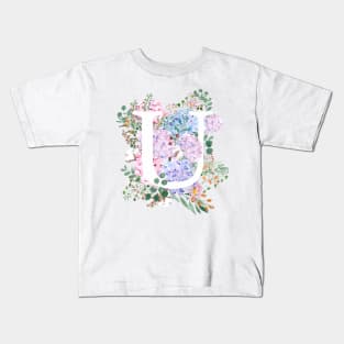 botanical monogram alphabet U hydrangea flowers Kids T-Shirt